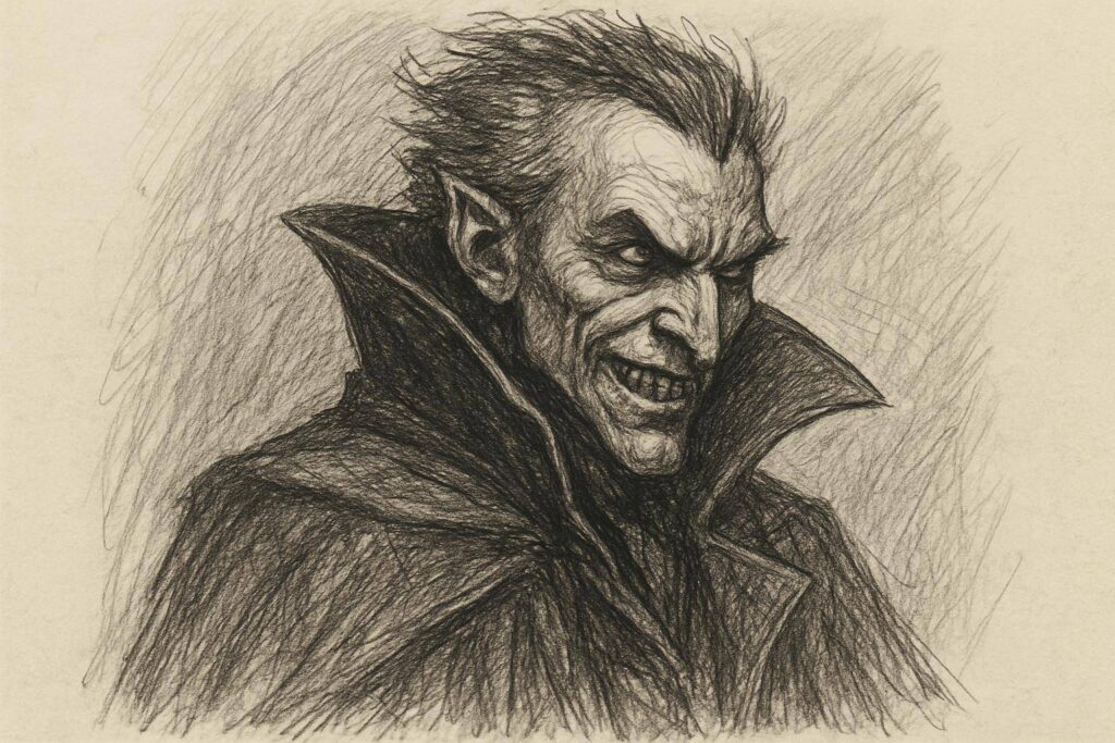 Eine detaillierte Bleistiftskizze eines unheimlich aussehenden Vampirs mit scharfen Gesichtszügen, spitzen Ohren, wildem Haar, einem hochgeschlossenen Umhang und einem beunruhigenden, zahnlosen Grinsen. Der Hintergrund ist mit groben Bleistiftstrichen schattiert.