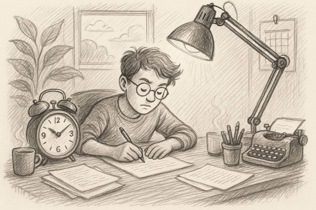 Eine junge Person mit Brille schreibt an einem Schreibtisch, der mit Papieren, einer Uhr, einer Tasse, Stiften, einer Schreibmaschine und einer Schreibtischlampe vollgestopft ist. Ein Fenster und ein Kalender hängen an der Wand hinter ihnen. Das Bild ist mit Bleistift gezeichnet.