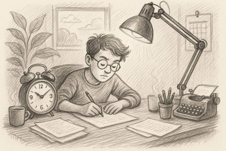 Eine junge Person mit Brille schreibt an einem Schreibtisch, der mit Papieren, einer Uhr, einer Tasse, Stiften, einer Schreibmaschine und einer Schreibtischlampe vollgestopft ist. Ein Fenster und ein Kalender hängen an der Wand hinter ihnen. Das Bild ist mit Bleistift gezeichnet.