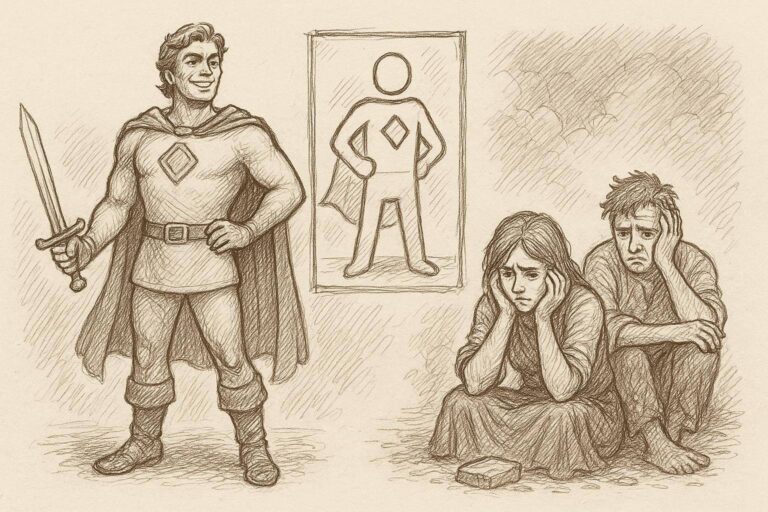 Ein selbstbewusster Superheld mit einem Schwert posiert stolz neben einem Poster von sich selbst, während eine traurige Frau und ein Mann zusammengekauert auf dem Boden sitzen und entmutigt und hoffnungslos aussehen.