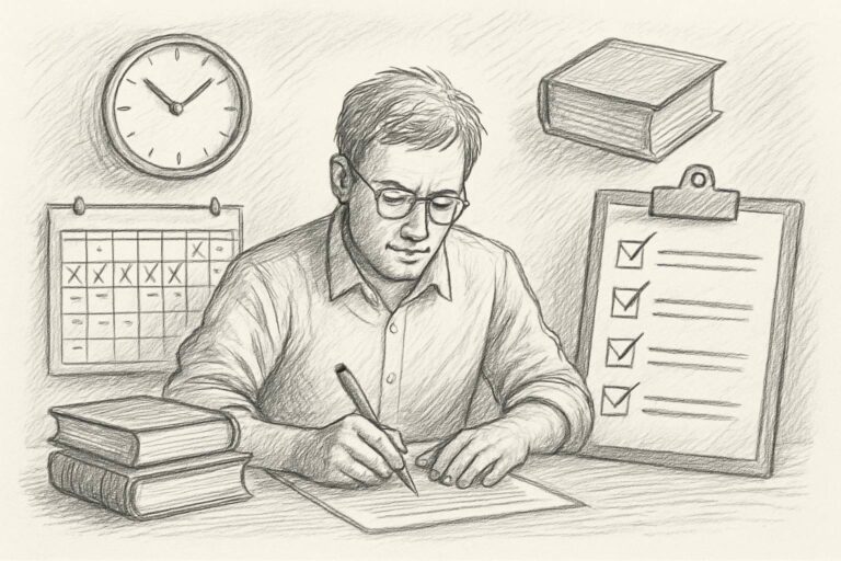 Ein Mann mit Brille schreibt an einem Schreibtisch mit gestapelten Büchern, einer Checkliste auf einem Klemmbrett, einem Kalender mit durchgestrichenen Tagen und einer Uhr an der Wand, die für Organisation und Produktivität steht.