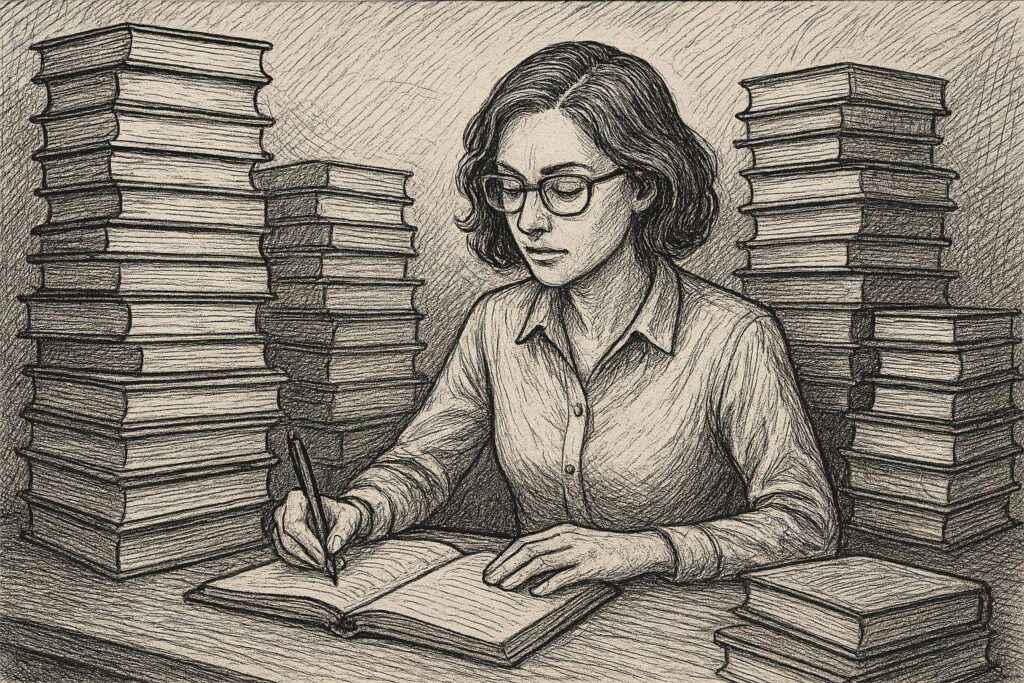 Eine Person mit Brille und gewelltem Haar schreibt in ein Notizbuch, während sie an einem Schreibtisch sitzt, der von hohen Bücherstapeln umgeben ist. Das Bild ist in einem detaillierten, monochromen Stil skizziert.