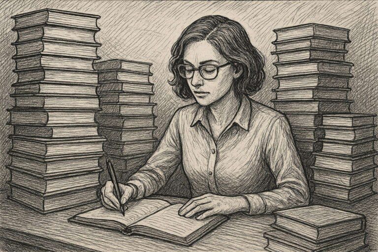 Eine Person mit Brille und gewelltem Haar schreibt in ein Notizbuch, während sie an einem Schreibtisch sitzt, der von hohen Bücherstapeln umgeben ist. Das Bild ist in einem detaillierten, monochromen Stil skizziert.