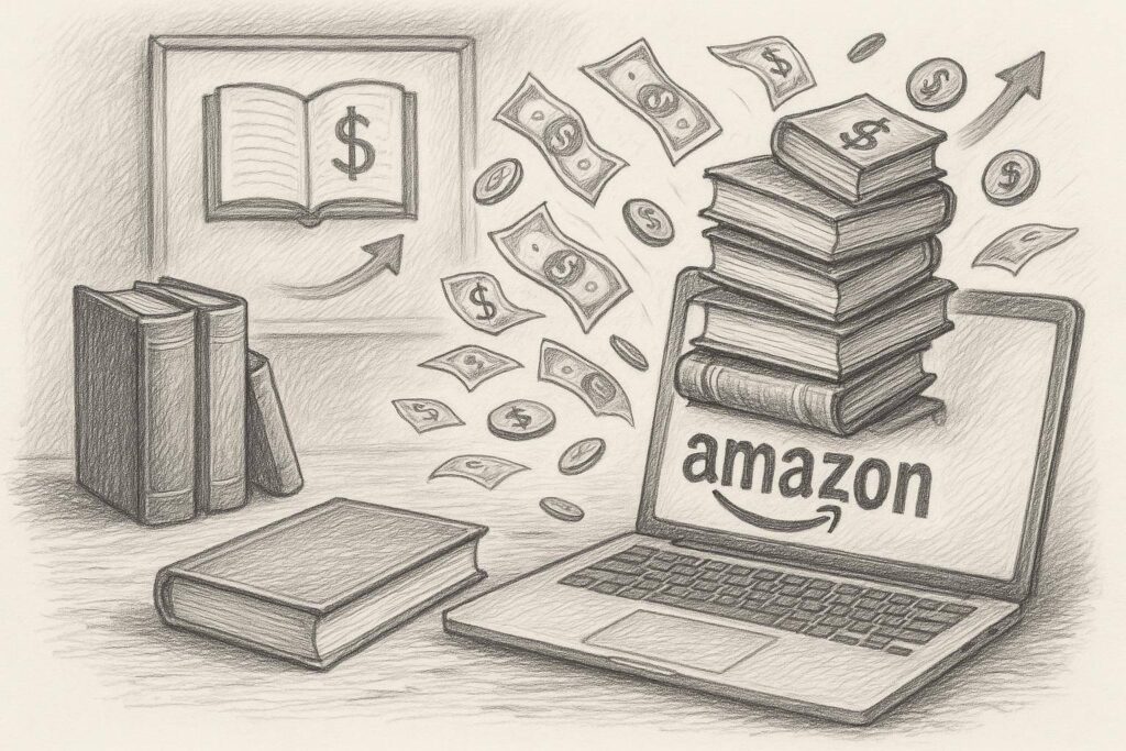 Eine Bleistiftskizze zeigt, wie sich Bücher in Geld verwandeln, wobei einige Bücher und Dollarscheine in einen Laptop mit dem Amazon-Logo fliegen, um das Konzept des gewinnbringenden Online-Verkaufs von Büchern zu veranschaulichen.