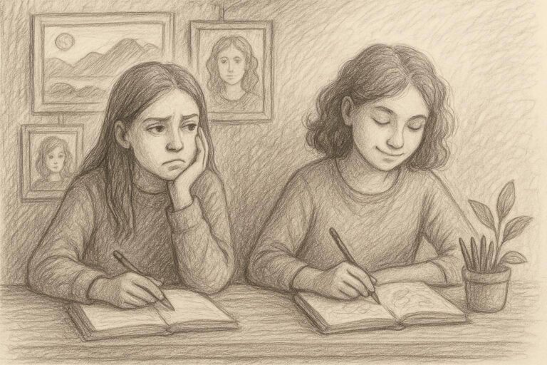 Zwei Mädchen sitzen Seite an Seite an einem Schreibtisch und zeichnen in Skizzenbücher. Die eine sieht frustriert aus und stützt ihren Kopf auf ihre Hand, während die andere zufrieden lächelt. Hinter ihnen hängen gerahmte Porträts an der Wand, und auf dem Schreibtisch steht eine kleine Pflanze.