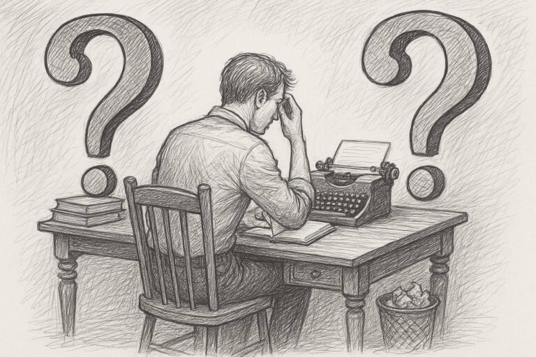 Eine Person sitzt an einem Schreibtisch mit einer Schreibmaschine und hält ihren Kopf in Gedanken. Hinter ihr erscheinen zwei große Fragezeichen, die Verwirrung oder eine Schreibblockade symbolisieren. Zerknitterte Papiere füllen einen Papierkorb in der Nähe.