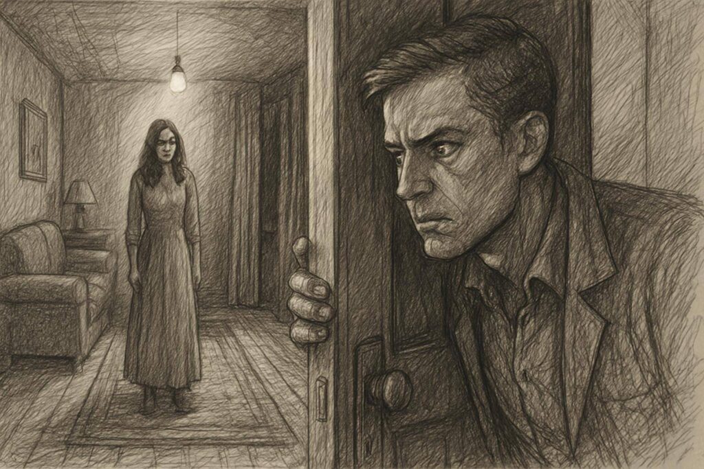 Eine Bleistiftskizze zeigt eine angespannte Szene: Ein Mann mit ernster Miene lugt hinter einer Tür hervor und beobachtet eine Frau, die allein in einem schwach beleuchteten, spärlich möblierten Raum mit einer Couch und einer Lampe im Hintergrund steht.