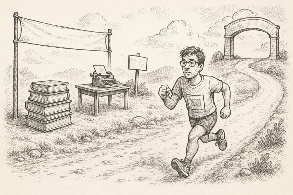 Ein Mann mit Brille und Laufklamotten joggt auf einem unbefestigten Weg in Richtung eines Torbogens. In der Nähe stehen ein Tisch mit einer Schreibmaschine, ein Stapel Bücher und ein leeres Schild, alles inmitten einer hügeligen Landschaft.