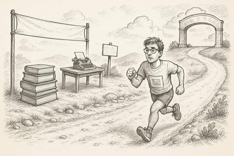 Ein Mann mit Brille und Laufklamotten joggt auf einem unbefestigten Weg in Richtung eines Torbogens. In der Nähe stehen ein Tisch mit einer Schreibmaschine, ein Stapel Bücher und ein leeres Schild, alles inmitten einer hügeligen Landschaft.