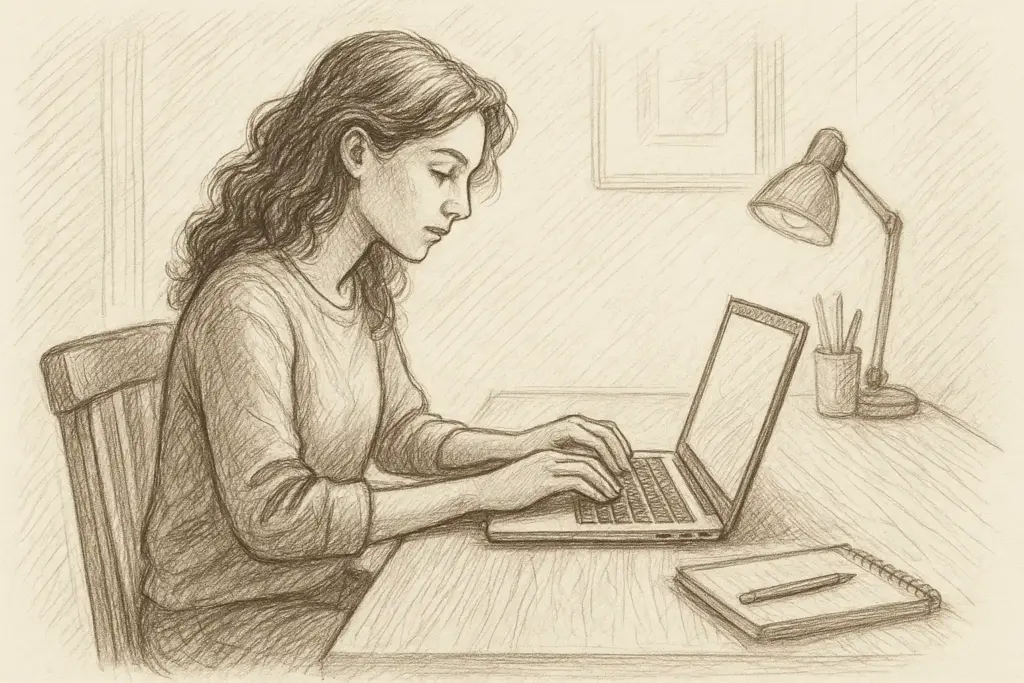 Eine Bleistiftskizze einer Frau mit gewelltem Haar, die an einem Schreibtisch sitzt und auf einem Laptop tippt. Auf dem Schreibtisch befinden sich eine Lampe, ein Notizbuch und eine Tasse mit Bleistiften, die eine studierende Atmosphäre schaffen.