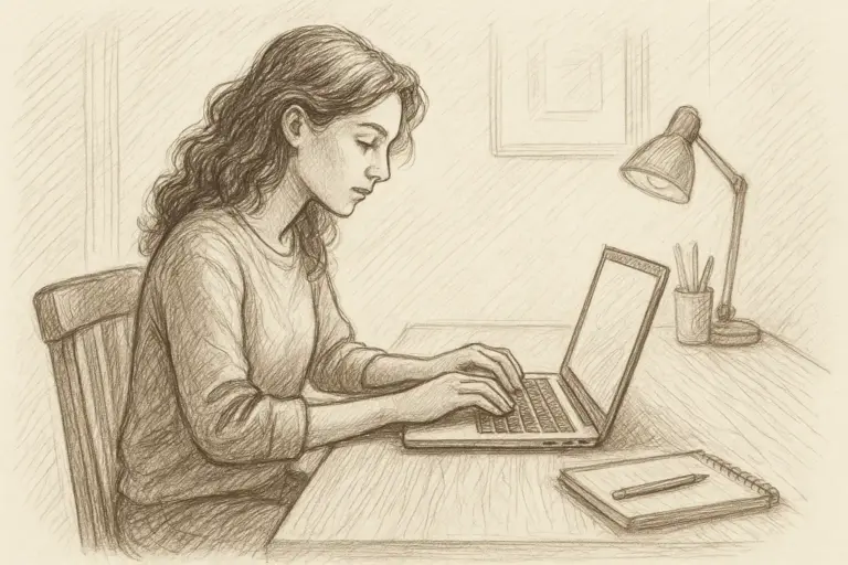 Eine Bleistiftskizze einer Frau mit gewelltem Haar, die an einem Schreibtisch sitzt und auf einem Laptop tippt. Auf dem Schreibtisch befinden sich eine Lampe, ein Notizbuch und eine Tasse mit Bleistiften, die eine studierende Atmosphäre schaffen.