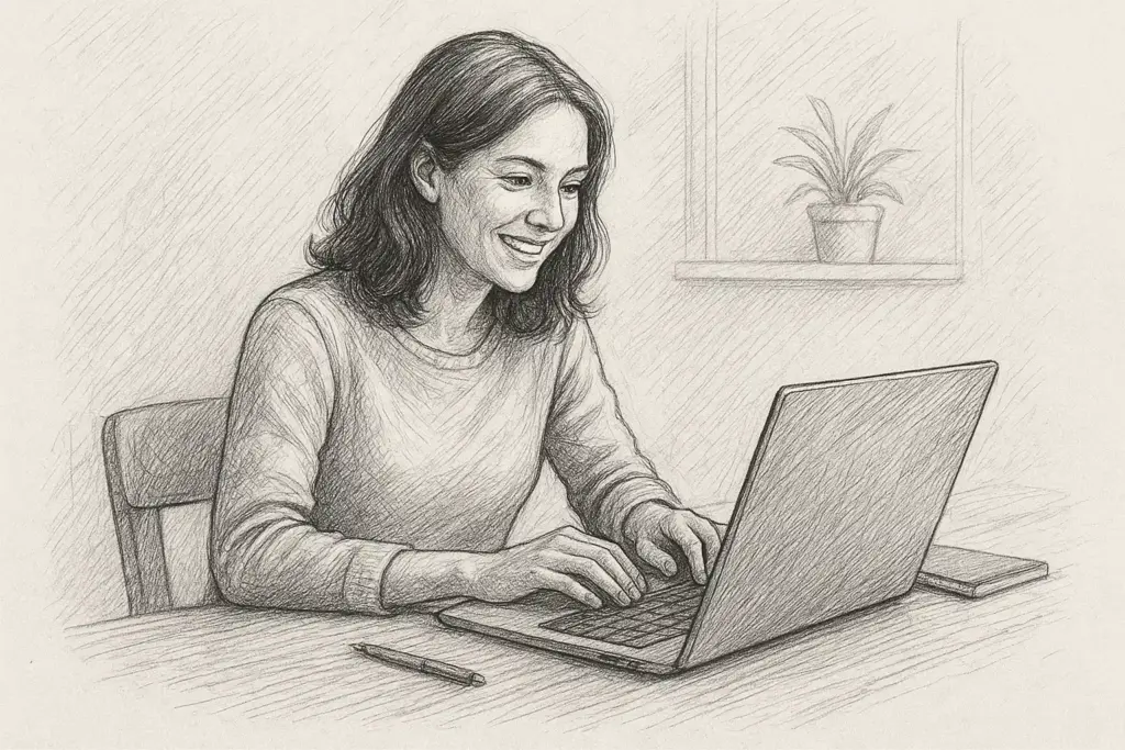Eine Frau mit schulterlangem Haar lächelt, während sie an einem Tisch auf einem Laptop tippt. Ein Stift und ein Notizbuch liegen in der Nähe, und eine Topfpflanze steht auf der Fensterbank im Hintergrund. Das Bild ist im Stil einer Bleistiftskizze gezeichnet.