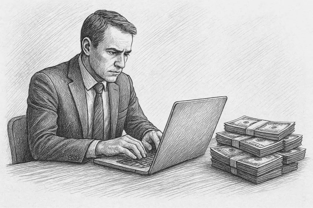 Ein Mann im Anzug tippt auf einem Laptop an einem Schreibtisch mit mehreren großen Geldstapeln neben ihm; das Bild ist im Stil einer detaillierten Bleistiftskizze gehalten.