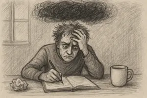 Eine besorgte Person sitzt an einem Schreibtisch, hält sich den Kopf und schreibt in ein Notizbuch. Über ihr schwebt eine dunkle Wolke, und auf dem Tisch liegen ein zerknittertes Papier und eine Kaffeetasse, was auf Stress oder Frustration schließen lässt.