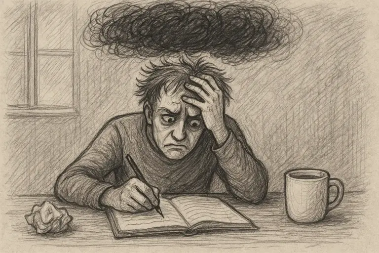 Eine besorgte Person sitzt an einem Schreibtisch, hält sich den Kopf und schreibt in ein Notizbuch. Über ihr schwebt eine dunkle Wolke, und auf dem Tisch liegen ein zerknittertes Papier und eine Kaffeetasse, was auf Stress oder Frustration schließen lässt.