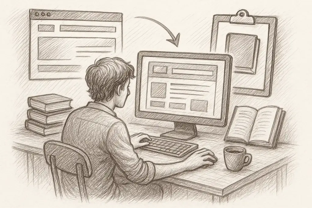 Eine Person sitzt an einem Schreibtisch mit einem Desktop-Computer, umgeben von Büchern, einem aufgeschlagenen Notizbuch, einer Kaffeetasse und einem Klemmbrett, das an der Wand hängt. Ein Pfeil zeigt vom Bildschirm auf das Klemmbrett, was einen Arbeitsablauf andeutet.