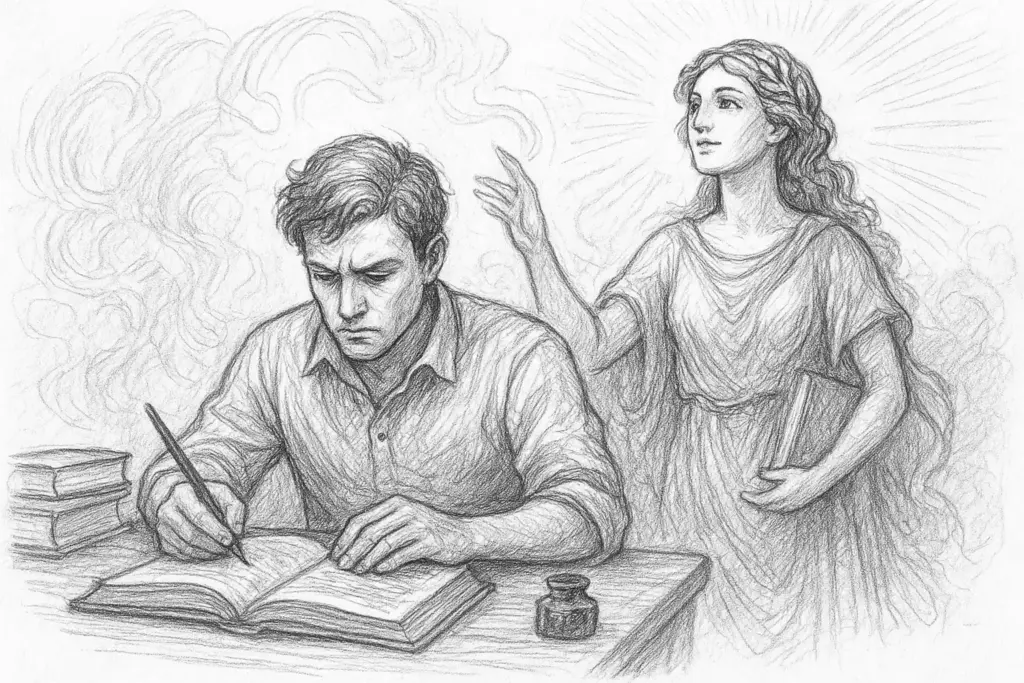 Ein Mann schreibt an einem Schreibtisch, umgeben von Büchern und einem Tintenfass, konzentriert in ein Buch. Hinter ihm streckt eine strahlende, ätherische Frau ein Buch aus, als ob sie ihn inspirieren oder leiten würde. Die Szene ist im Stil einer Bleistiftskizze gehalten.