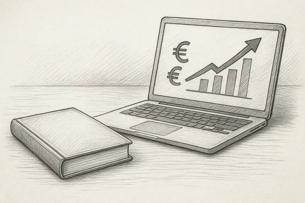 Eine Skizze eines geschlossenen Buches neben einem geöffneten Laptop, auf dem ein ansteigendes Balkendiagramm mit Euro-Symbolen zu sehen ist, was auf Finanzwachstum oder Wirtschaftsanalyse hindeutet.