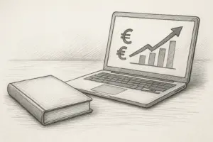 Eine Skizze eines geschlossenen Buches neben einem geöffneten Laptop, auf dem ein ansteigendes Balkendiagramm mit Euro-Symbolen zu sehen ist, was auf Finanzwachstum oder Wirtschaftsanalyse hindeutet.