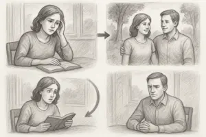 Eine Frau, die ein Buch liest, sieht auf dem ersten Panel traurig aus. Im zweiten tröstet sie ein Mann. Im dritten Bild liest sie besorgt, im vierten sitzt der Mann allein und sieht ernst und nachdenklich aus.