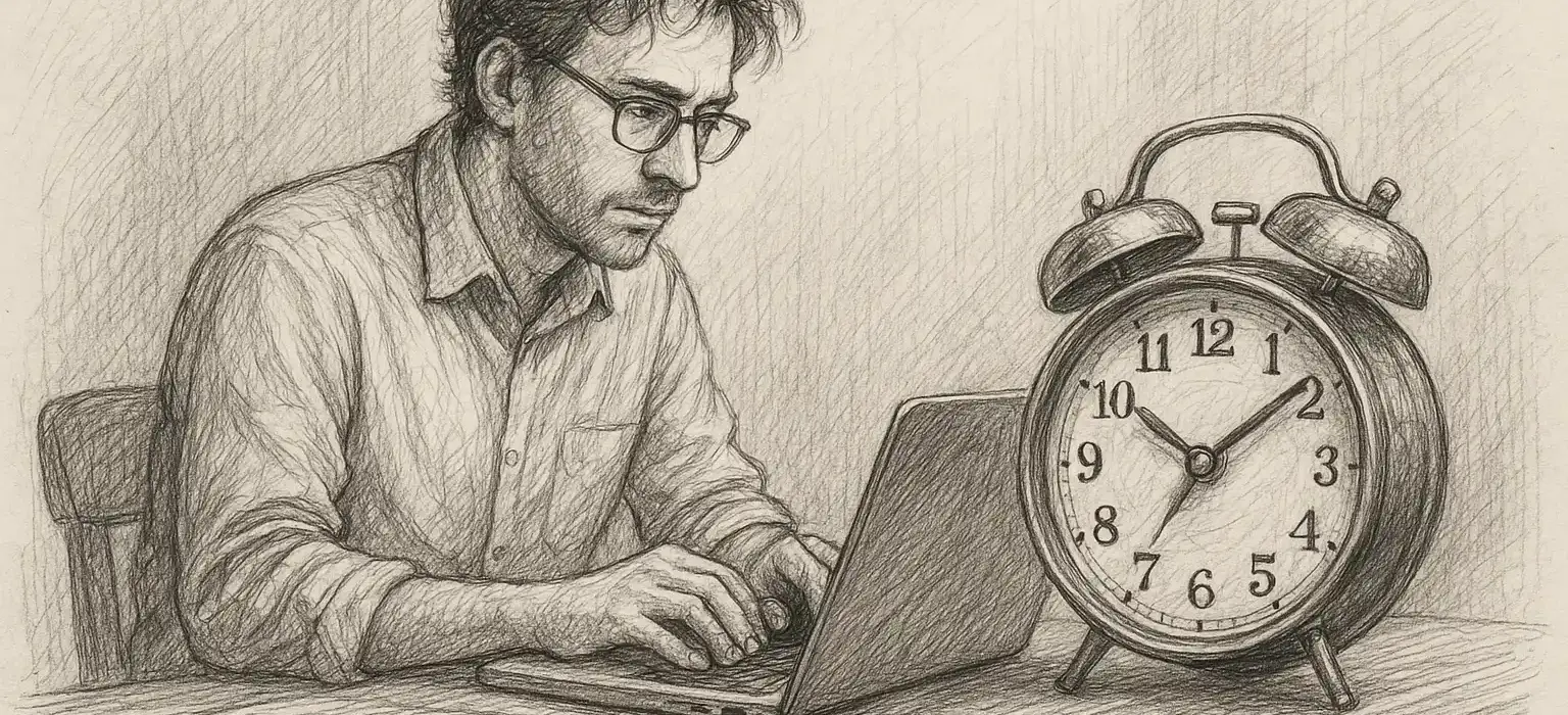 Ein Mann mit Brille tippt auf einem Laptop an einem Schreibtisch neben einem großen Wecker, der 9:00 Uhr zeigt. Die Papiere liegen verstreut auf dem Tisch, und die Szene ist im Stil einer Bleistiftskizze gezeichnet.