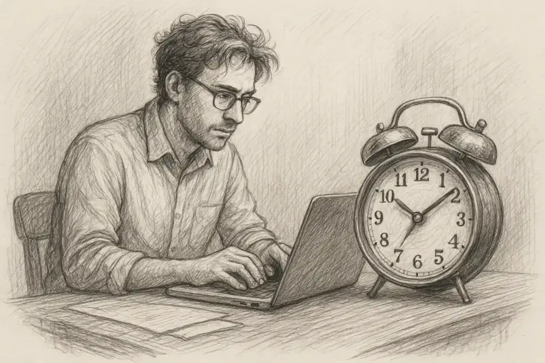 Ein Mann mit Brille tippt auf einem Laptop an einem Schreibtisch neben einem großen Wecker, der 9:00 Uhr zeigt. Die Papiere liegen verstreut auf dem Tisch, und die Szene ist im Stil einer Bleistiftskizze gezeichnet.