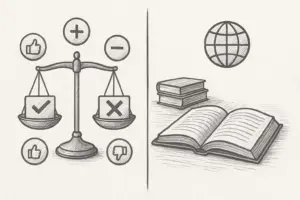 Ein handgezeichnetes, zweigeteiltes Bild: links eine Waage mit Daumen hoch, Daumen runter, Plus und Minus; rechts ein offenes Buch, gestapelte Bücher und eine Weltkugel.