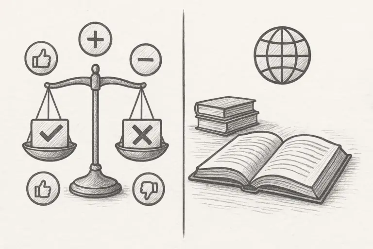 Ein handgezeichnetes, zweigeteiltes Bild: links eine Waage mit Daumen hoch, Daumen runter, Plus und Minus; rechts ein offenes Buch, gestapelte Bücher und eine Weltkugel.