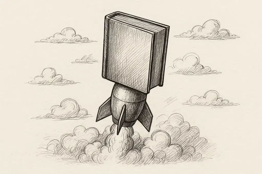 Bleistiftskizze eines Raketenstarts, wobei die Spitze der Rakete durch ein großes, aufrechtes Buch ersetzt wurde, umgeben von Rauchwolken und schwebenden Wolken am Himmel.