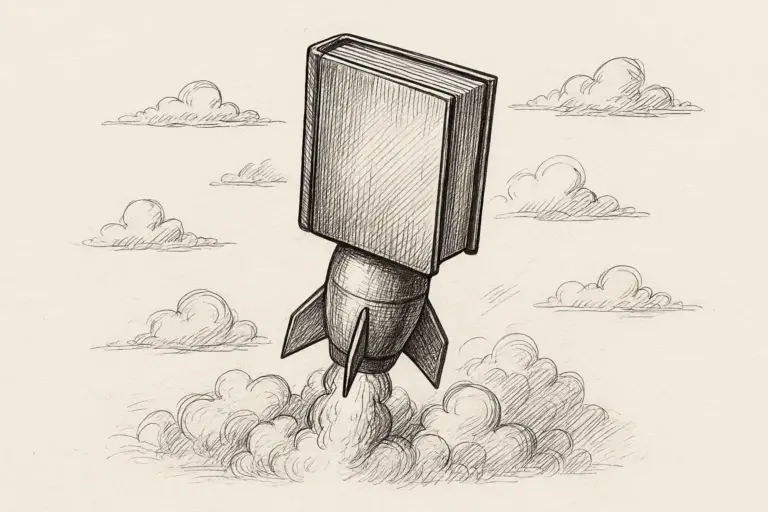 Bleistiftskizze eines Raketenstarts, wobei die Spitze der Rakete durch ein großes, aufrechtes Buch ersetzt wurde, umgeben von Rauchwolken und schwebenden Wolken am Himmel.