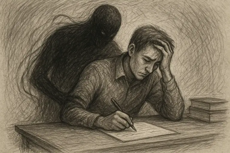 Ein verzweifelter Mann sitzt an einem Schreibtisch und schreibt, den Kopf auf eine Hand gestützt. Hinter ihm taucht eine dunkle, schattenhafte, gesichtslose Gestalt auf, die Angst oder innere Unruhe symbolisiert. Neben ihm sind ein paar Bücher gestapelt.