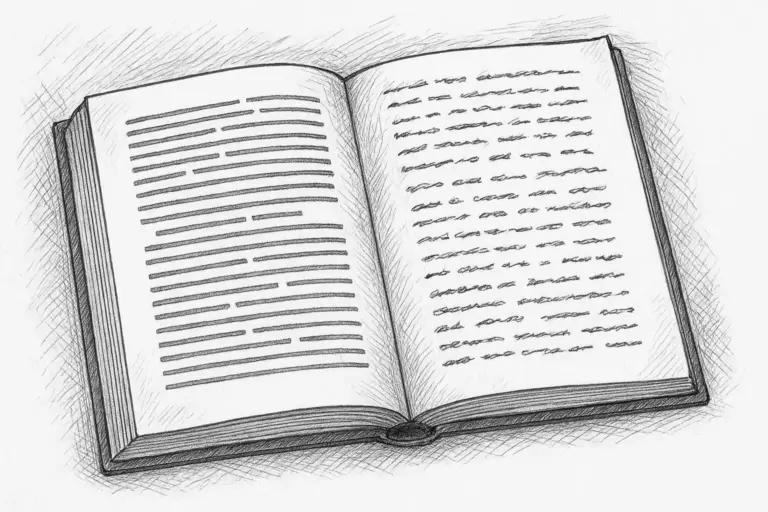 Eine skizzierte Illustration eines aufgeschlagenen Buches zeigt zwei Seiten, die mit Linien und Kritzeleien gefüllt sind und einen Text ohne lesbare Wörter simulieren. Die Zeichnung ist in Schwarz-Weiß gehalten, was ihr ein handgezeichnetes Aussehen verleiht.