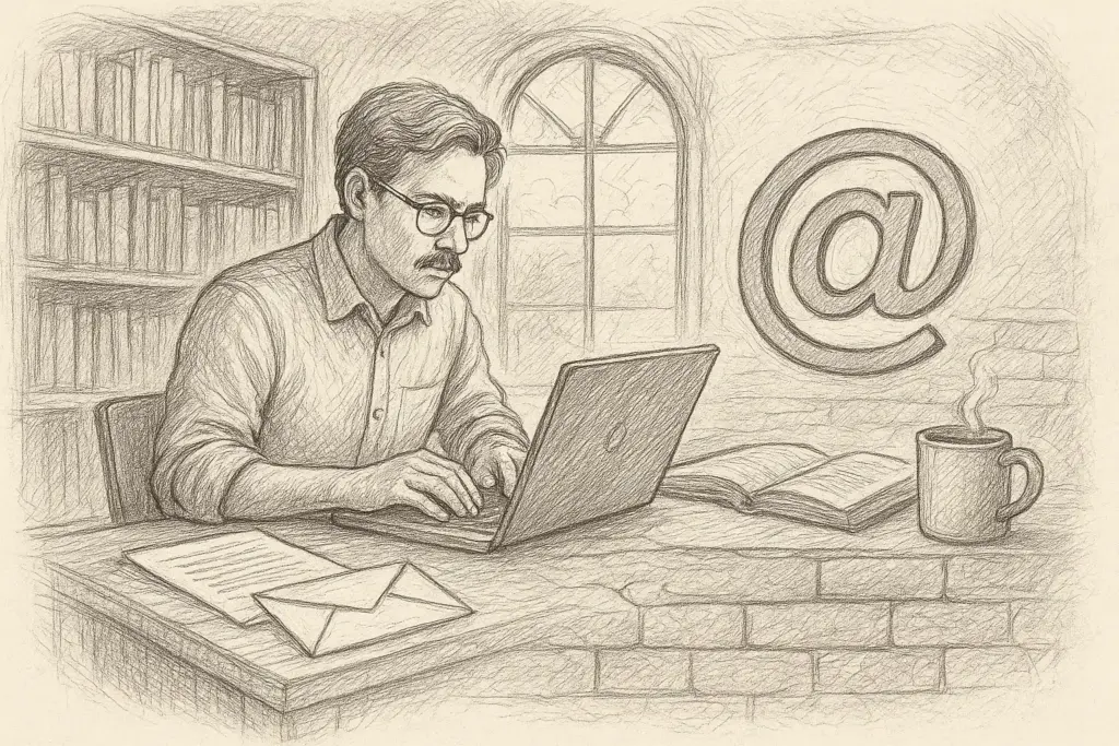 Eine Bleistiftskizze eines Mannes mit Brille, der an einem Laptop an einem Schreibtisch arbeitet, mit Papieren, einem Buch, einer Kaffeetasse und einem großen @-Symbol im Hintergrund. Ein Fenster und Bücherregale vervollständigen die gemütliche Arbeitsumgebung.