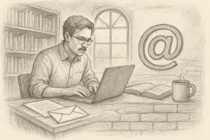 Eine Bleistiftskizze eines Mannes mit Brille, der an einem Laptop an einem Schreibtisch arbeitet, mit Papieren, einem Buch, einer Kaffeetasse und einem großen @-Symbol im Hintergrund. Ein Fenster und Bücherregale vervollständigen die gemütliche Arbeitsumgebung.