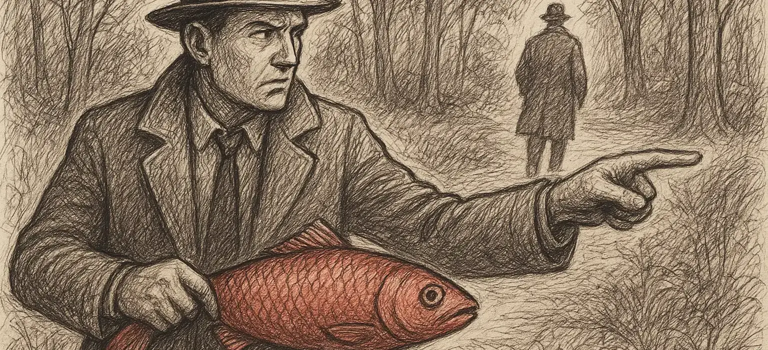 Ein Mann in Trenchcoat und Hut hält einen großen roten Fisch und zeigt nach vorne in ein Waldgebiet, während eine andere Figur in Mantel und Hut in der Ferne davonläuft. Die Szene ist in einem skizzenhaften, alten Stil gezeichnet.