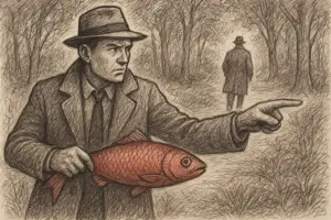 Ein Mann in Trenchcoat und Hut hält einen großen roten Fisch und zeigt nach vorne in ein Waldgebiet, während eine andere Figur in Mantel und Hut in der Ferne davonläuft. Die Szene ist in einem skizzenhaften, alten Stil gezeichnet.