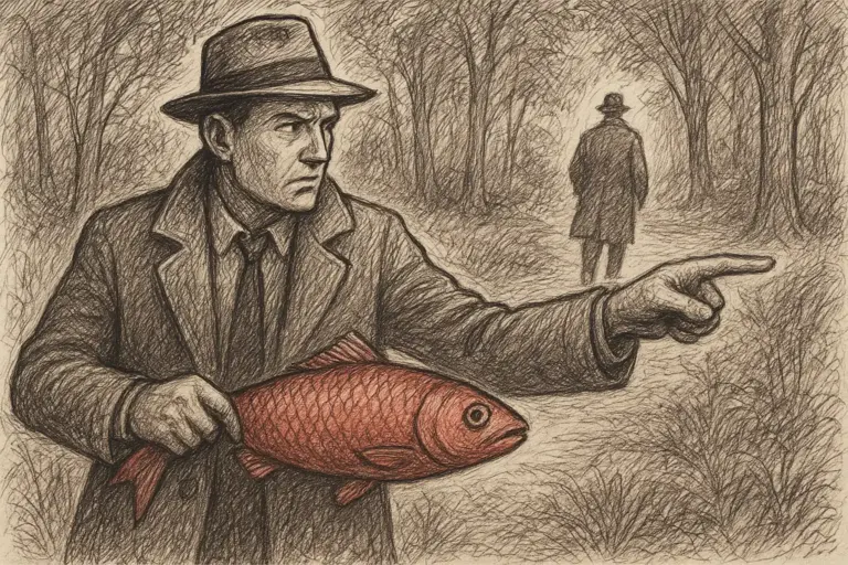 Ein Mann in Trenchcoat und Hut hält einen großen roten Fisch und zeigt nach vorne in ein Waldgebiet, während eine andere Figur in Mantel und Hut in der Ferne davonläuft. Die Szene ist in einem skizzenhaften, alten Stil gezeichnet.