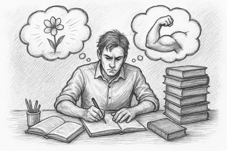 Eine Person sitzt an einem Schreibtisch und schreibt in ein Buch, umgeben von Bücherstapeln. Die Gedankenblasen darüber zeigen links eine Blume und rechts einen angespannten Armmuskel, was auf einen Konflikt zwischen Sanftheit und Stärke hindeutet.