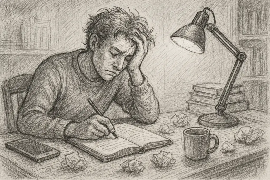 Eine Person sitzt mit besorgter Miene an einem Schreibtisch und schreibt in ein Notizbuch. Zerknitterte Papiere, eine Tasse, ein Smartphone und eine Schreibtischlampe umgeben sie und lassen auf Frustration oder Schwierigkeiten bei der Arbeit schließen.