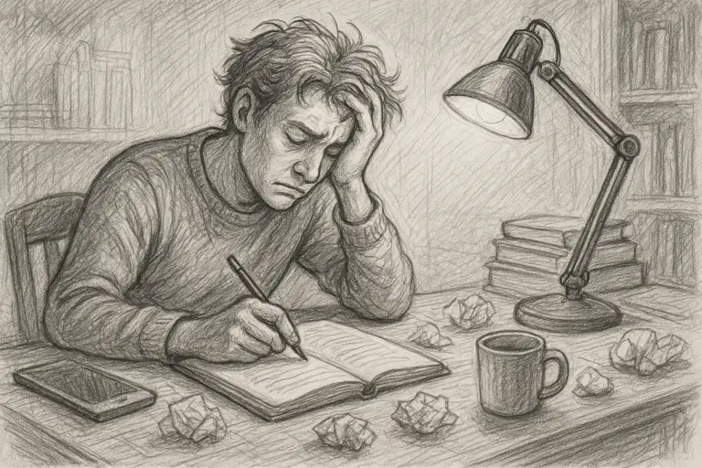 Eine Person sitzt mit besorgter Miene an einem Schreibtisch und schreibt in ein Notizbuch. Zerknitterte Papiere, eine Tasse, ein Smartphone und eine Schreibtischlampe umgeben sie und lassen auf Frustration oder Schwierigkeiten bei der Arbeit schließen.