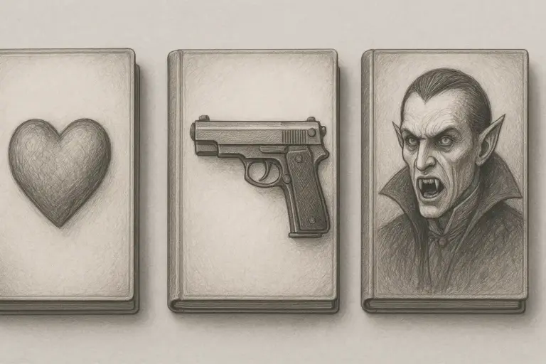 Drei Buchumschläge im Skizzenstil: Der erste zeigt ein Herz, der zweite eine Handfeuerwaffe und der dritte einen Vampir mit Reißzähnen und intensivem Blick. Alle Hintergründe sind schlicht und einfarbig.