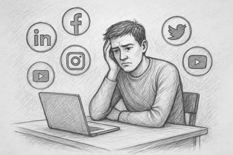 Ein Mann sitzt an einem Schreibtisch und schaut gestresst, während er einen Laptop benutzt. Um seinen Kopf herum erscheinen Symbole für soziale Medien, darunter Facebook, Twitter, Instagram, LinkedIn und YouTube, die die Online-Überlastung symbolisieren.