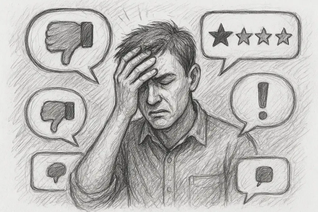 Ein gestresster Mann hält sich die Stirn, während ihn negative Symbole wie Daumen nach unten, Ein-Stern-Bewertung, Ausrufezeichen und Sprechblasen - die an negative Rezensionen erinnern - umgeben, die auf überwältigende Kritik oder Angst hindeuten.