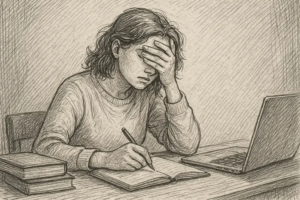 Eine Person sitzt an einem Schreibtisch mit einem aufgeschlagenen Notebook und einem Laptop. Sie hält ihren Kopf in einer Hand aus Frust oder Stress, während sie mit der anderen Hand schreibt. Zwei geschlossene Bücher sind in der Nähe gestapelt. Das Bild ist im Stil einer Skizze gezeichnet.