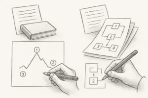 Eine Bleistiftskizze zeigt Hände, die Diagramme zeichnen und schreiben. Eine Hand zeichnet ein Liniendiagramm mit nummerierten Punkten, eine andere zeichnet ein Flussdiagramm. In der Nähe liegen Papiere, ein Buch und Tabellen mit Text und Zahlen.