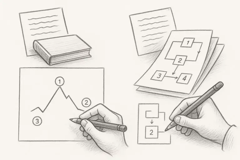 Eine Bleistiftskizze zeigt Hände, die Diagramme zeichnen und schreiben. Eine Hand zeichnet ein Liniendiagramm mit nummerierten Punkten, eine andere zeichnet ein Flussdiagramm. In der Nähe liegen Papiere, ein Buch und Tabellen mit Text und Zahlen.