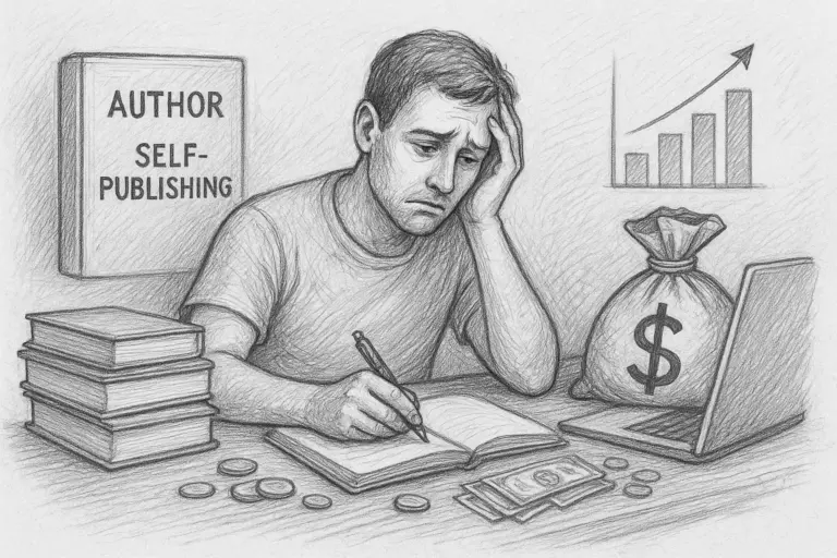 Ein besorgter Mann sitzt an einem Schreibtisch mit einem Laptop, Büchern, Münzen und Bargeld. Im Hintergrund befinden sich eine Tasche mit einem Dollarzeichen, ein Zeichen von Author Self-Publishing und eine ansteigende Grafik. Er schreibt in ein Notizbuch und sieht gestresst aus.