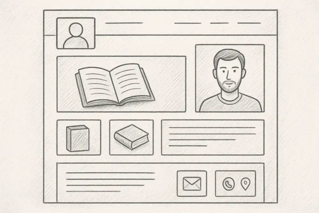 Eine handgezeichnete Illustration eines Website-Layouts mit einem Benutzerprofilbild, einem offenen Buchsymbol, einem männlichen Avatar, Buchsymbolen, Textfeldern und Symbolen für E-Mail, Telefon und Standort auf einem leicht schattierten Hintergrund.