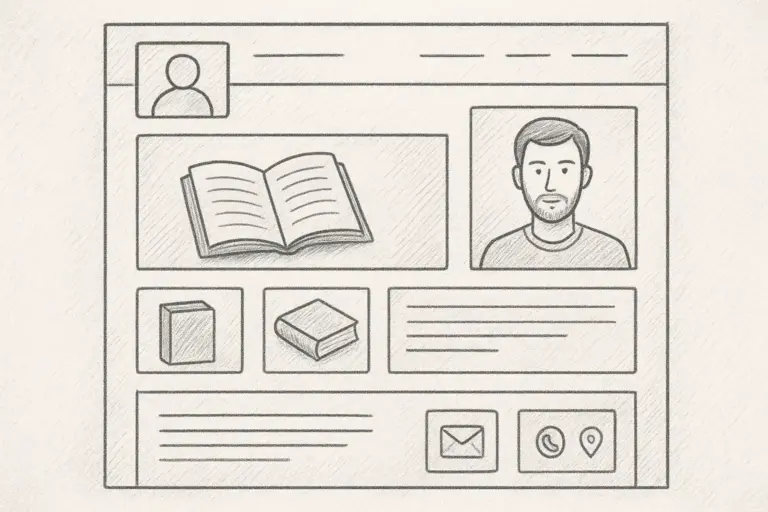 Eine handgezeichnete Illustration eines Website-Layouts mit einem Benutzerprofilbild, einem offenen Buchsymbol, einem männlichen Avatar, Buchsymbolen, Textfeldern und Symbolen für E-Mail, Telefon und Standort auf einem leicht schattierten Hintergrund.