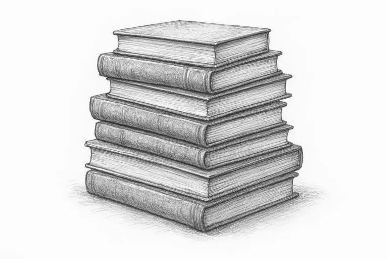 Eine Bleistiftskizze zeigt einen hohen Stapel von sieben Hardcover-Büchern, die ungleichmäßig angeordnet sind, mit sichtbarer Textur und Schattierung, die den Einband und den Buchrücken jedes Buches kennzeichnen. Der Hintergrund ist schlicht und schmucklos.
